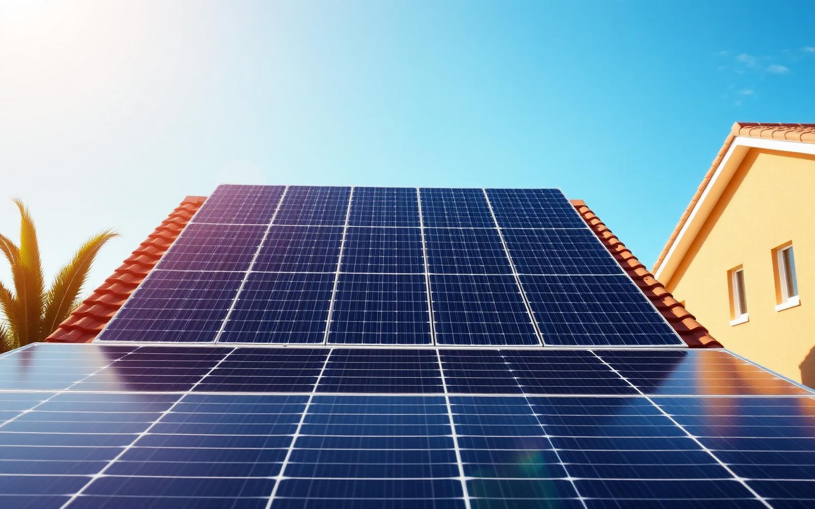 Painéis solares instalados no telhado de uma residência sob céu azul